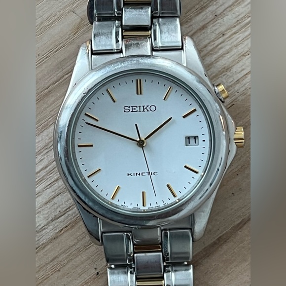 Seiko Kinetic Automatic Vintage Men’s Watch Two-Tone Bracelet White Dial Date - Picture 3 of 14